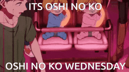 a man is standing next to two babies in a stroller with the words " its oshi no ko oshi no ko wednesday "