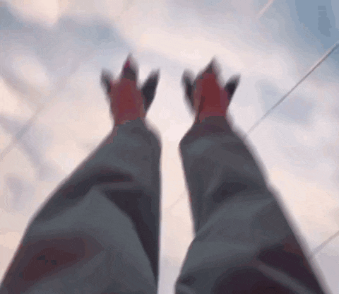 a close up of a person 's feet with red paws against a blue sky .