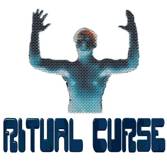a logo for ritual curse has a brick wall behind it