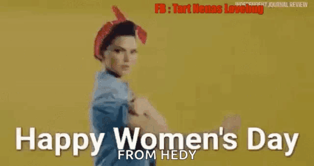 a woman is flexing her muscles in a happy women 's day poster .