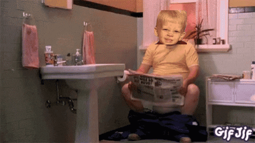 a boy is sitting on a toilet reading a newspaper with gif jif written on the bottom