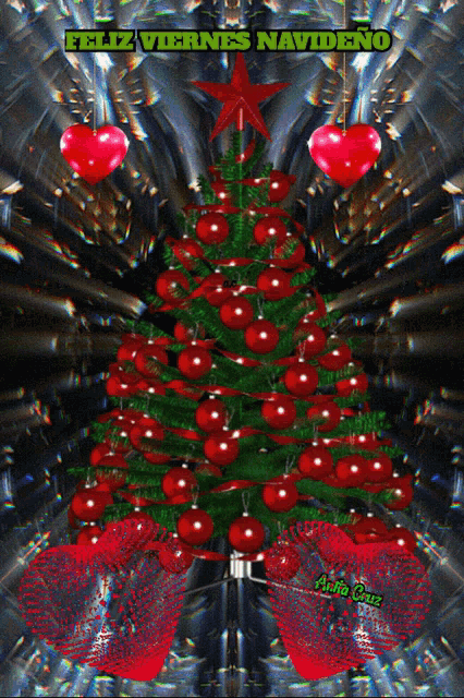 a christmas tree with hearts around it and the words feliz viernes navideno