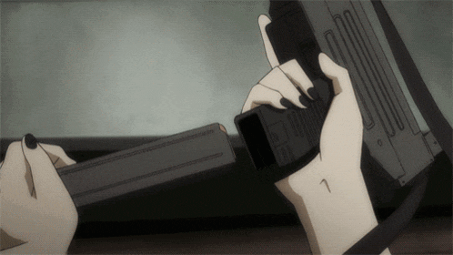 a woman with black nails is holding a gun with the number 7 on her wrist