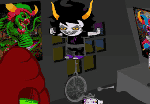 a cartoon of a girl on a unicycle with the letter e on her shirt