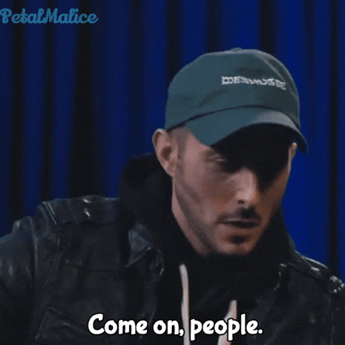 a man wearing a hat and jacket says come on people