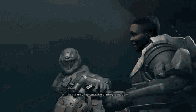 a video game character is holding a helmet with a red light coming from it .