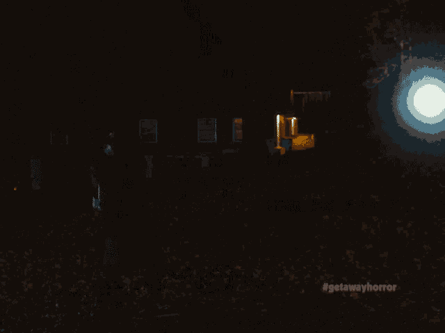 a person laying in a pile of leaves with #getawayhorror on the bottom