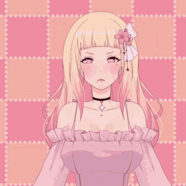 a girl with blonde hair and pink highlights is wearing a choker