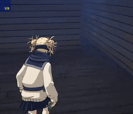 a cartoon character is running in a dark room with a score of 1/8 in the background