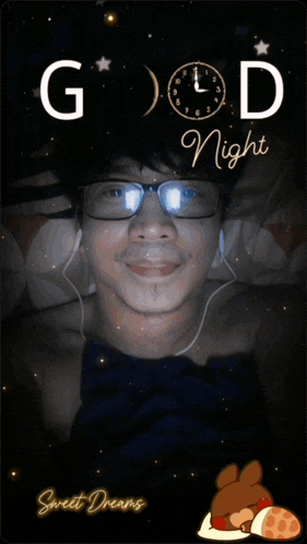 a man wearing glasses and headphones with the words good night sweet dreams on the bottom