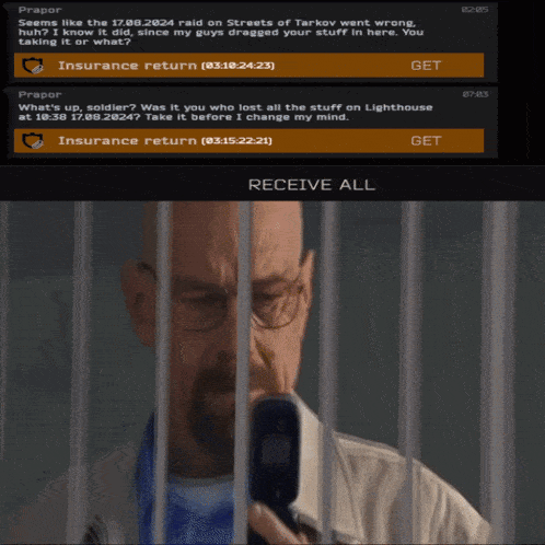 a man behind bars talking on a cell phone with the words receive all above him