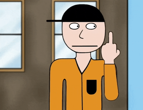 a cartoon of a man giving the middle finger in front of a window