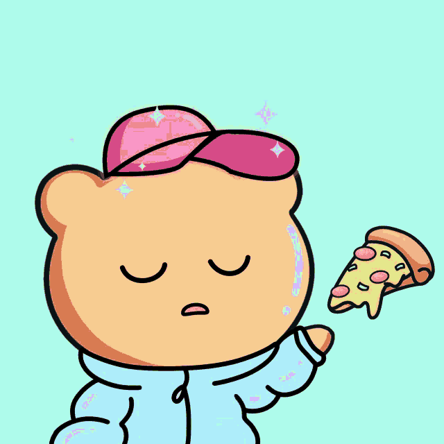 a cartoon character with a purple hat and a slice of pizza