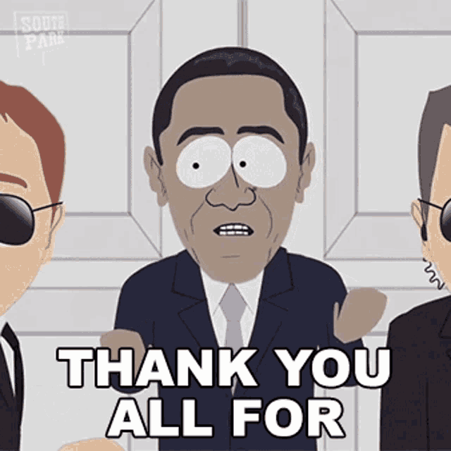 a cartoon of barack obama saying " thank you all for "
