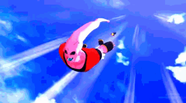 a cartoon character is flying through a blue sky .