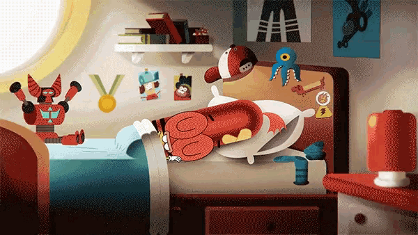 a cartoon drawing of a person laying in bed