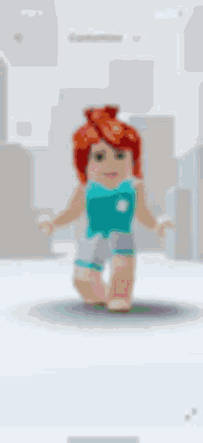 a cartoon girl with red hair is standing in front of a city .