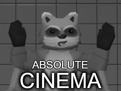 a black and white image of a raccoon with the words " absolute cinema " below it