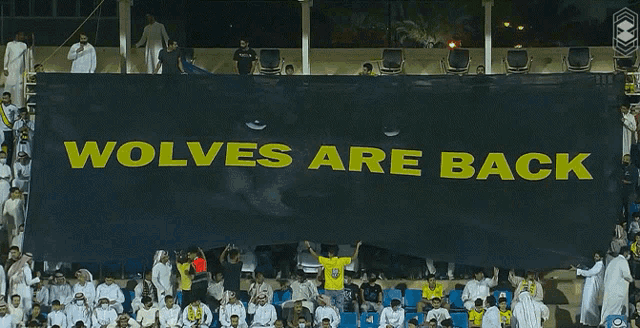 a crowd of people watching a game with a banner that says wolves are back