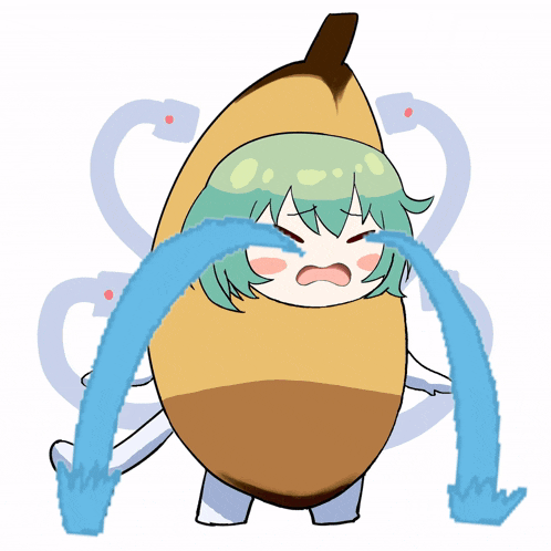 a girl in a banana costume is crying