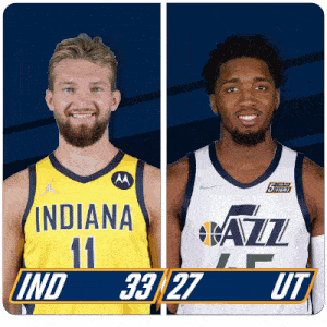 two basketball players from indiana and utah are standing next to each other