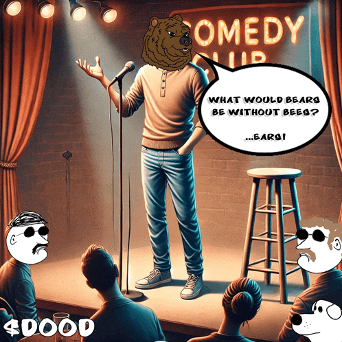 a man with a bear head giving a comedy show