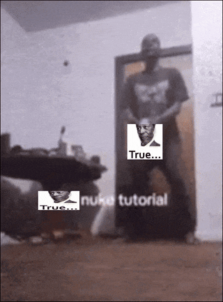 a man is standing in a room with a picture of a man and the words true and nuke tutorial on the bottom