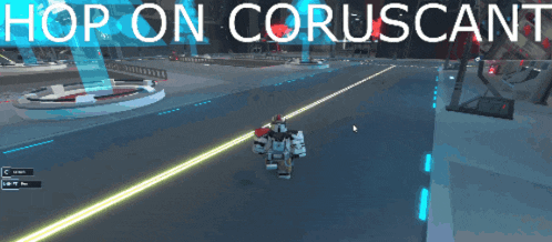 a video game with the words hop on coruscant on the bottom