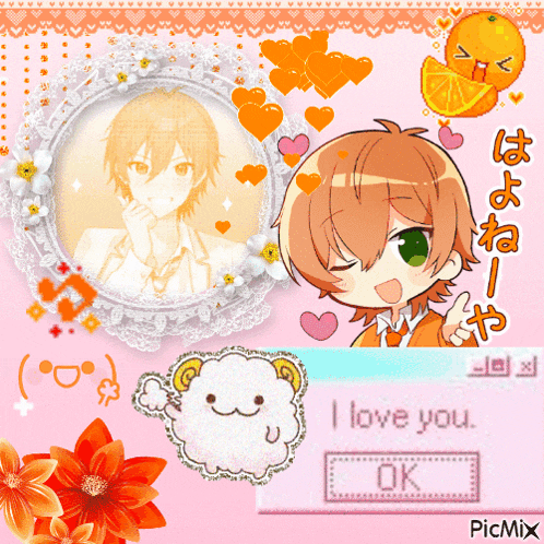 a picture of a boy with orange hair is surrounded by orange hearts and flowers