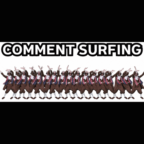 a group of people are dancing with the words comment surfing written above them