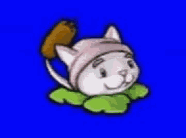 a cartoon cat is wearing a pink hat and holding a plant in its mouth .