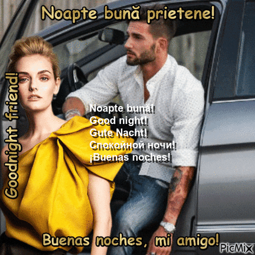 a man is sitting in a car next to a woman with the words goodnight friend written above them