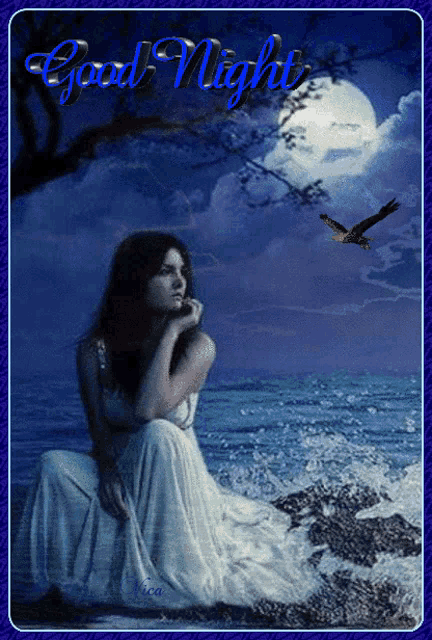 a woman in a white dress sits on a rock near the ocean with the words " good night " written above her