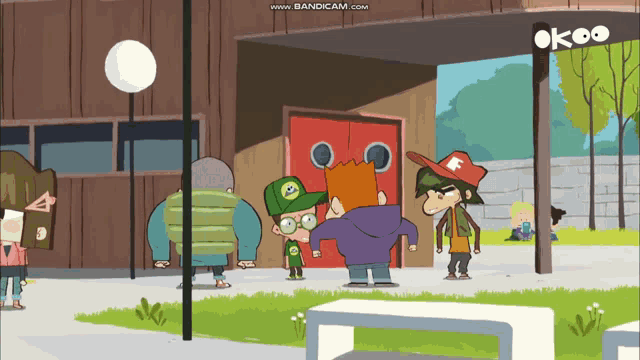 a group of cartoon characters standing in front of a building with a sign that says okoo