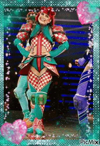 a picture of a woman in a colorful costume is surrounded by pink hearts and the word picmix