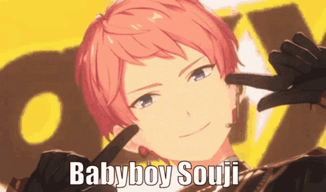 a boy with pink hair is making a funny face with his hands and the words babyboy souji written below him