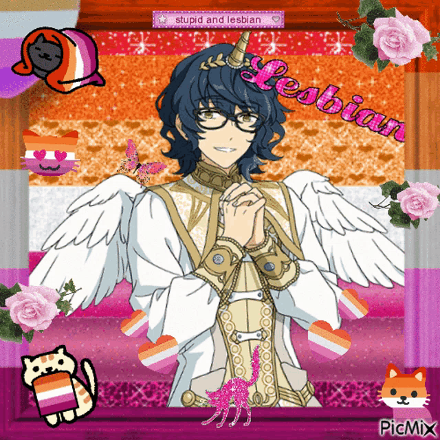 a picture of a man with a unicorn horn and wings is surrounded by lesbian icons