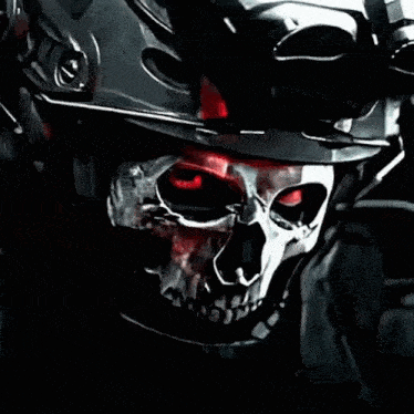 a skull with red eyes and a helmet on