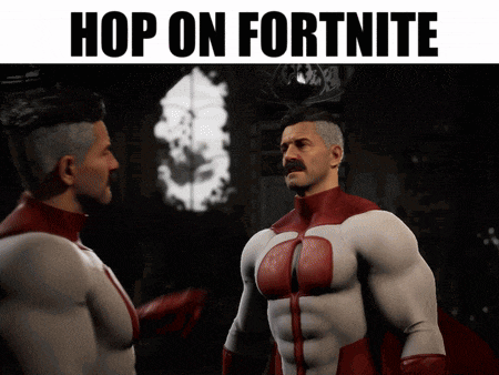 two men in superhero costumes are standing next to each other with the words hop on fortnite written below them