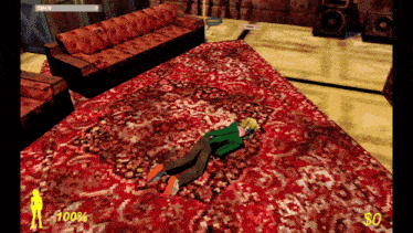 a screenshot of a video game shows a man laying on the floor and says 100 %