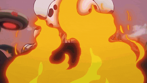 a cartoon character is standing in front of a fireball