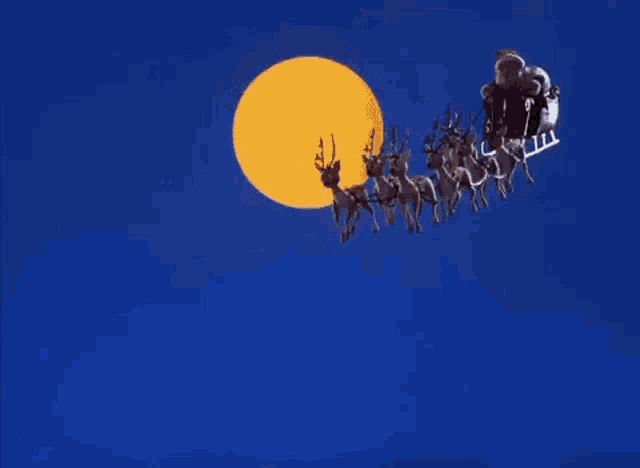 santa claus is being pulled by reindeer in a sleigh in the sky