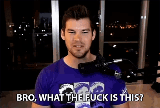 a man in a purple shirt is standing in front of a microphone and says bro what the fuck is this ?