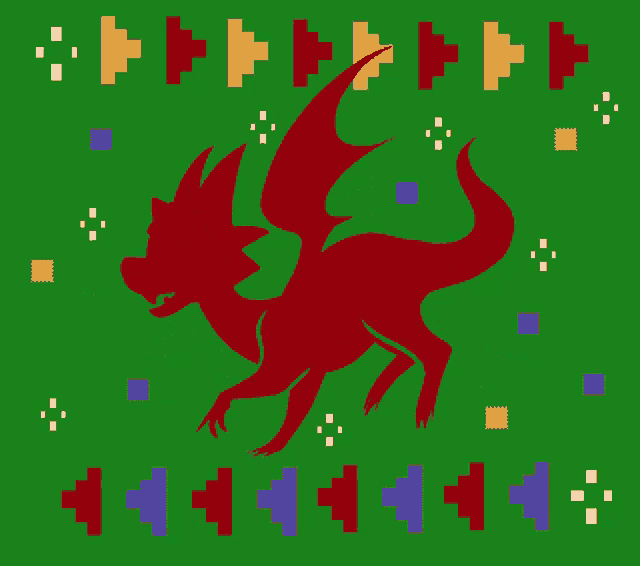 a red dragon is on a green background surrounded by squares and arrows