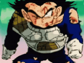 a cartoon character with blood on his face is standing on a pink and green background .
