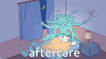 a cartoon drawing of a bed with the words aftercare written on the bottom