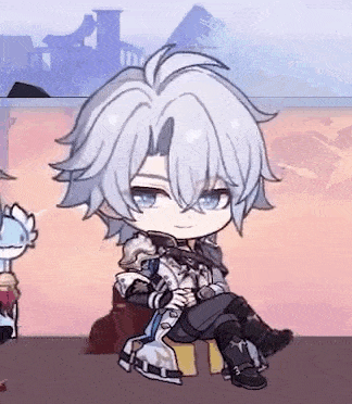 a chibi boy with white hair and blue eyes is sitting on a stool in a video game .