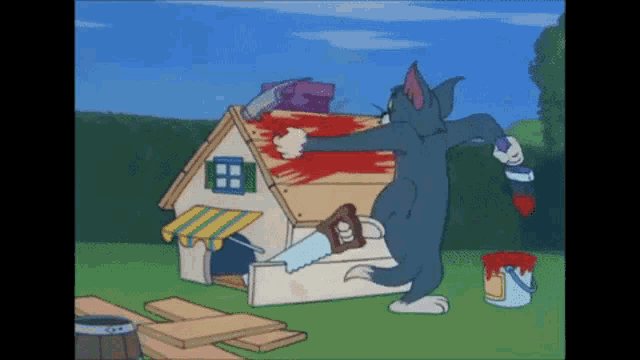 a cartoon of tom painting a house with a saw and paint