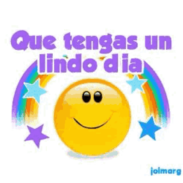 a smiley face with a rainbow and stars surrounding it .