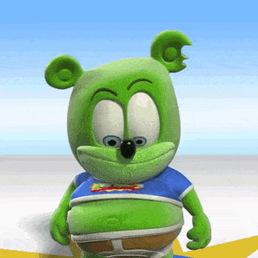a gummy bear wearing a shirt that says gummy bear on it